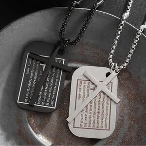 Dog Tags Style Stainless Steel Engraved Scripture Cross Pendant Necklace NWT
